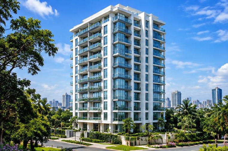 Contemporary high-rise apartments surrounded by green landscaping